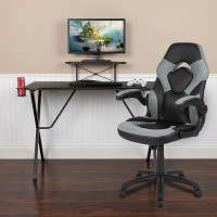 Flash Furniture BLN-X10RSG1031-GY-GG Black Gaming Desk and Gray/Black Racing Chair Set with Cup Holder, Headphone Hook, and Monitor/Smartphone Stand